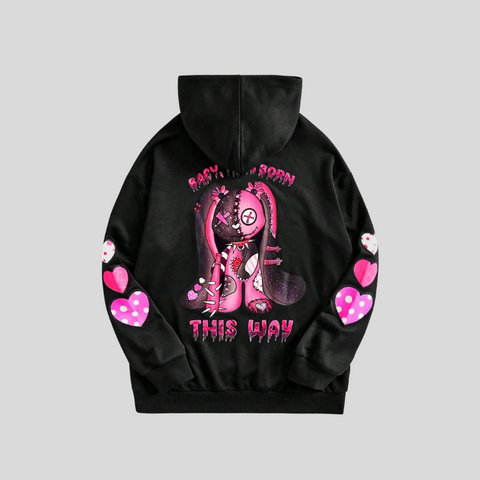 Streetwear Hoodie – Zwarte Unisex Hoodie met Roze Cartoonprint en Hartjes