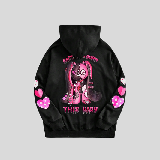 Streetwear Hoodie – Zwarte Unisex Hoodie met Roze Cartoonprint en Hartjes