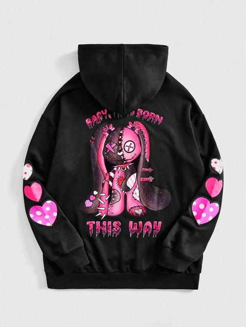 Streetwear Hoodie – Zwarte Unisex Hoodie met Roze Cartoonprint en Hartjes